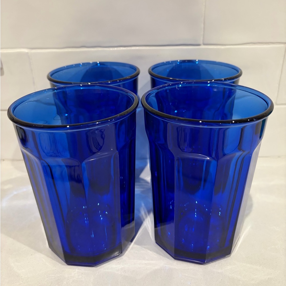 Vintage Luminarc Cobalt Blue 10 Panel 18 oz. Drinking Glasses Tumblers Set of 4
